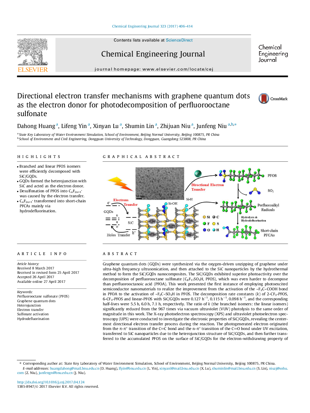 Directional electron transfer mechanisms with graphene quantum dots as the electron donor for photodecomposition of perfluorooctane sulfonate