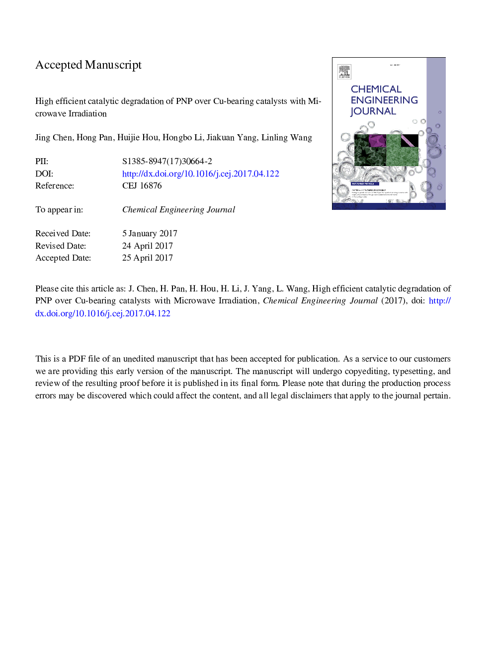 High efficient catalytic degradation of PNP over Cu-bearing catalysts with microwave irradiation