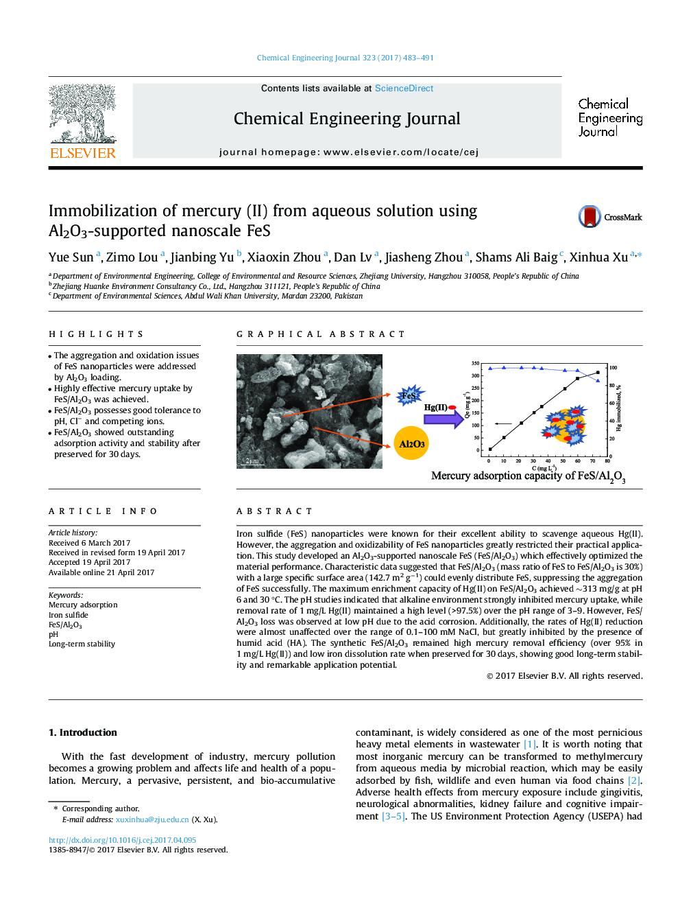 Immobilization of mercury (II) from aqueous solution using Al2O3-supported nanoscale FeS