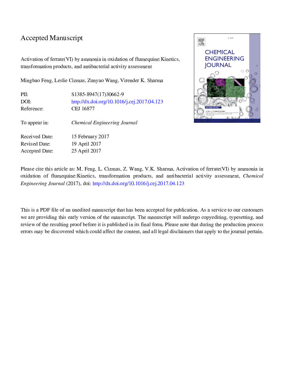 Activation of ferrate(VI) by ammonia in oxidation of flumequine: Kinetics, transformation products, and antibacterial activity assessment