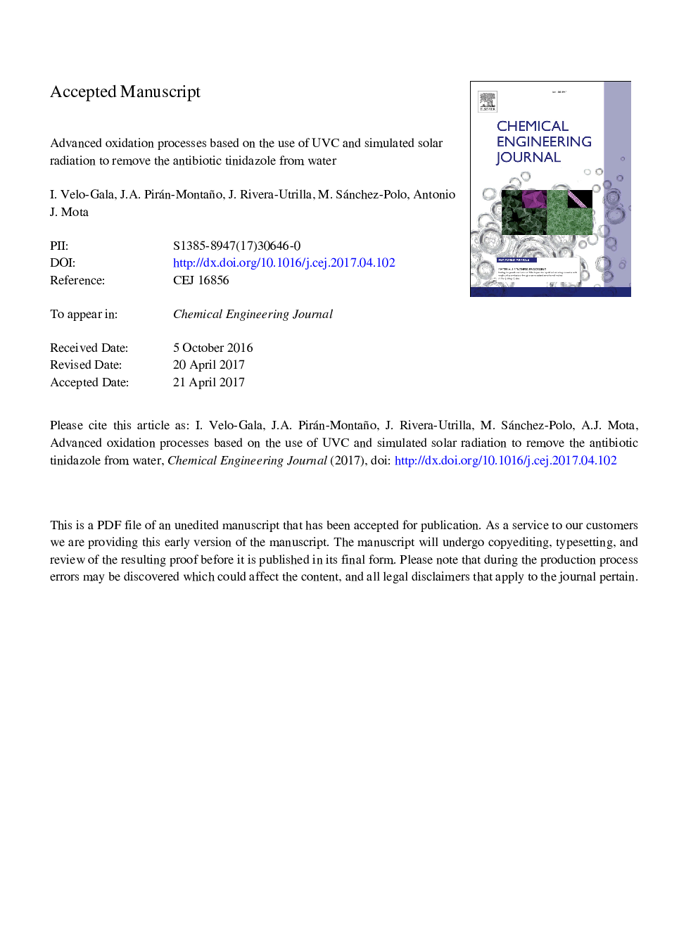 Advanced Oxidation Processes based on the use of UVC and simulated solar radiation to remove the antibiotic tinidazole from water