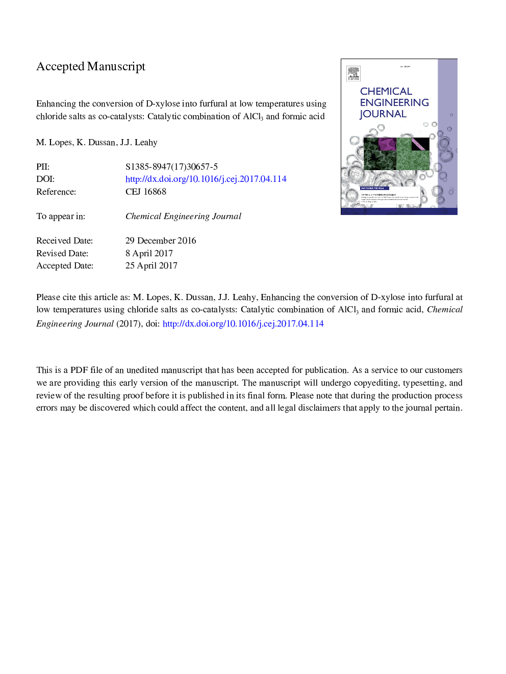 Enhancing the conversion of D-xylose into furfural at low temperatures using chloride salts as co-catalysts: Catalytic combination of AlCl3 and formic acid