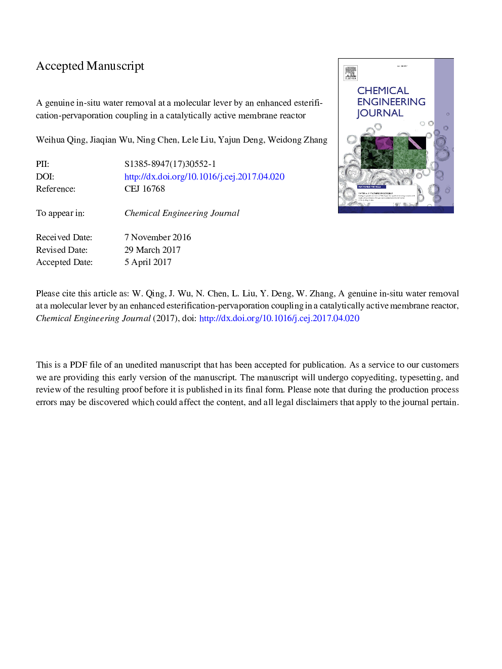 A genuine in-situ water removal at a molecular lever by an enhanced esterification-pervaporation coupling in a catalytically active membrane reactor