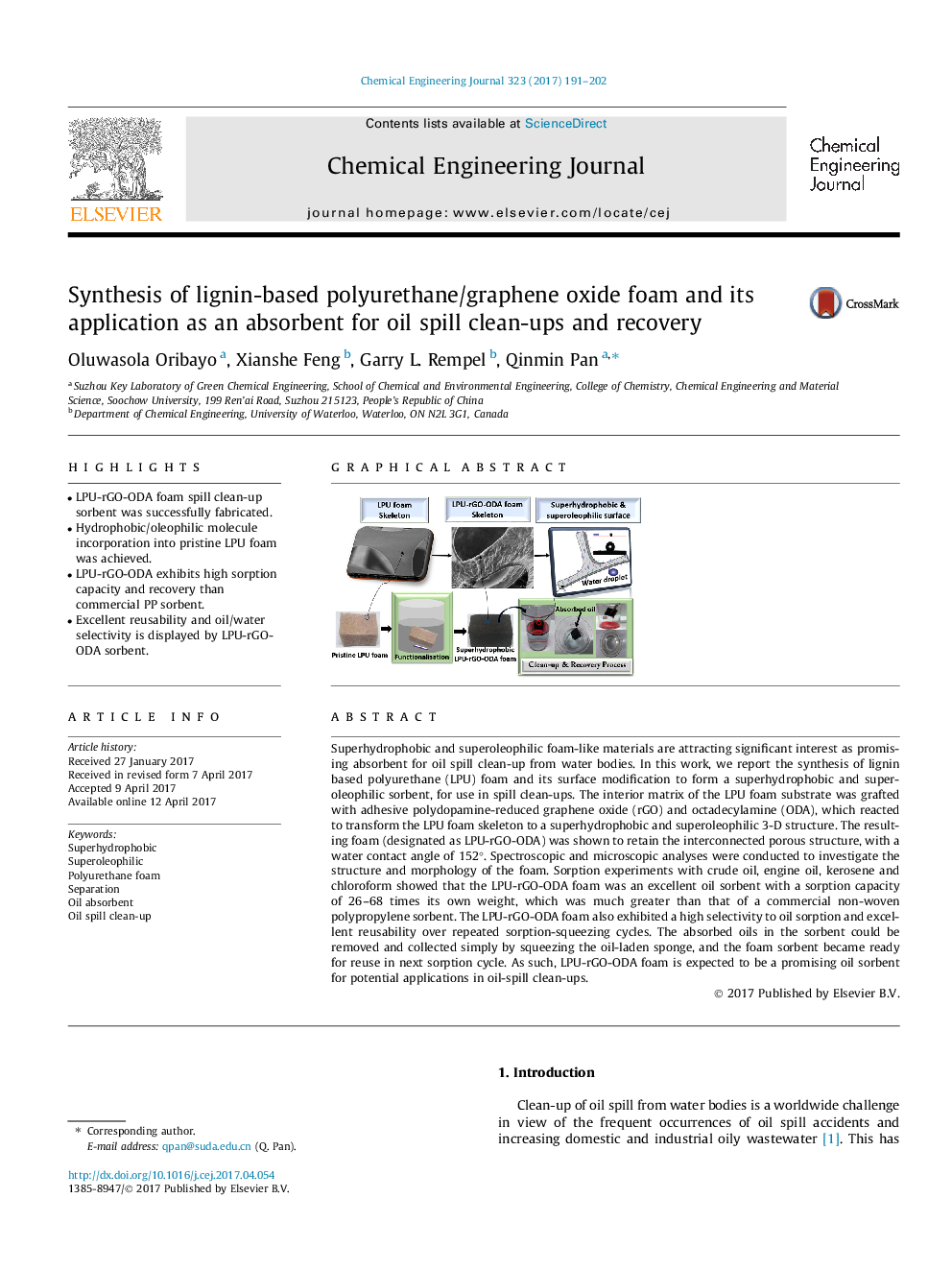 Synthesis of lignin-based polyurethane/graphene oxide foam and its application as an absorbent for oil spill clean-ups and recovery