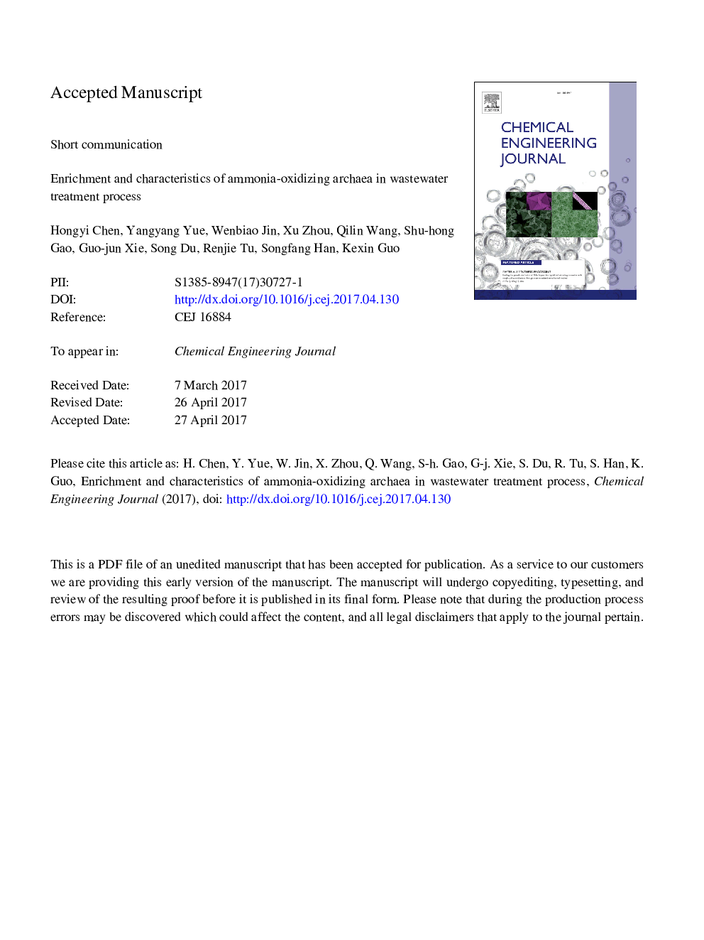 Enrichment and characteristics of ammonia-oxidizing archaea in wastewater treatment process