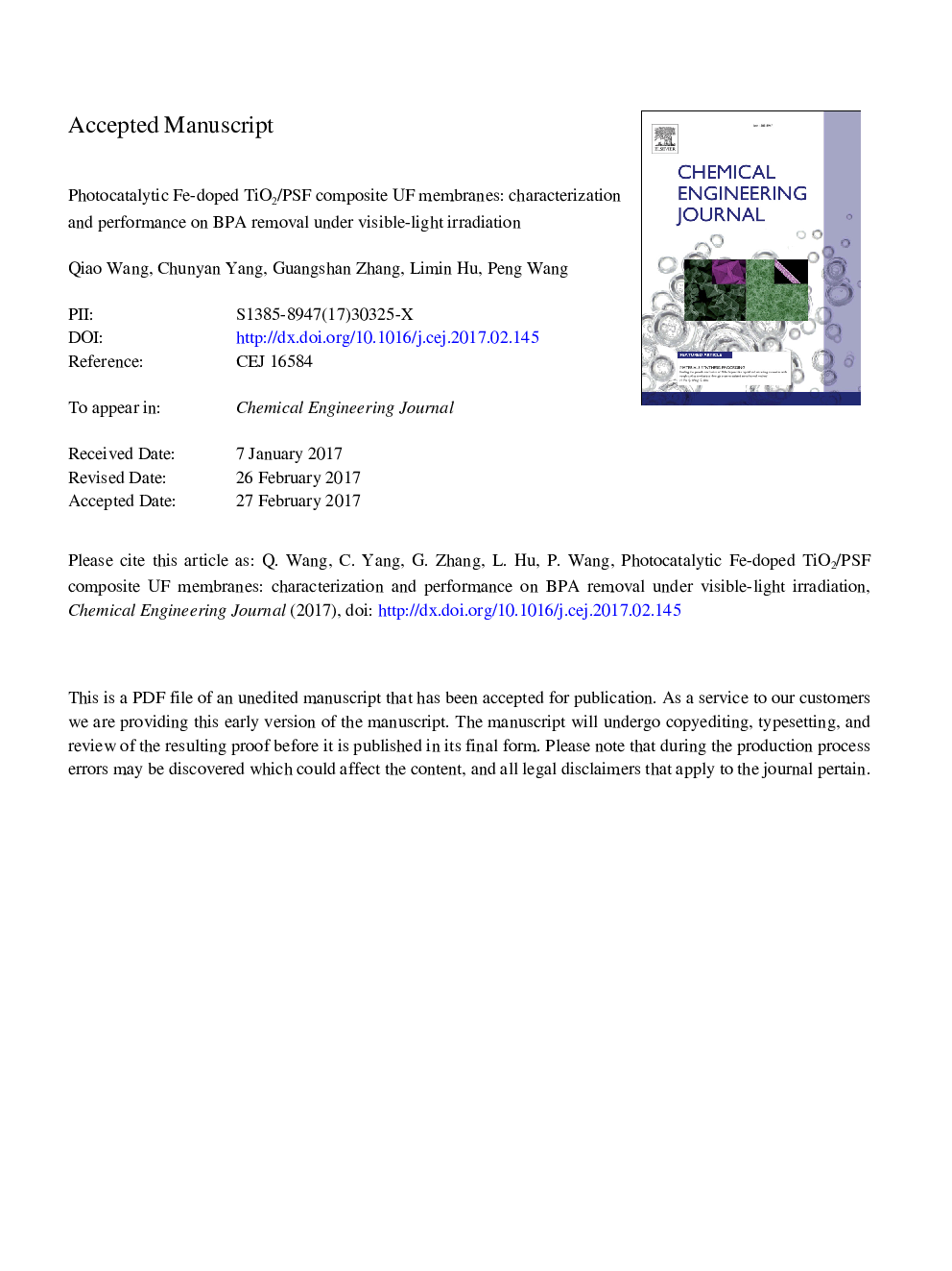 Photocatalytic Fe-doped TiO2/PSF composite UF membranes: Characterization and performance on BPA removal under visible-light irradiation