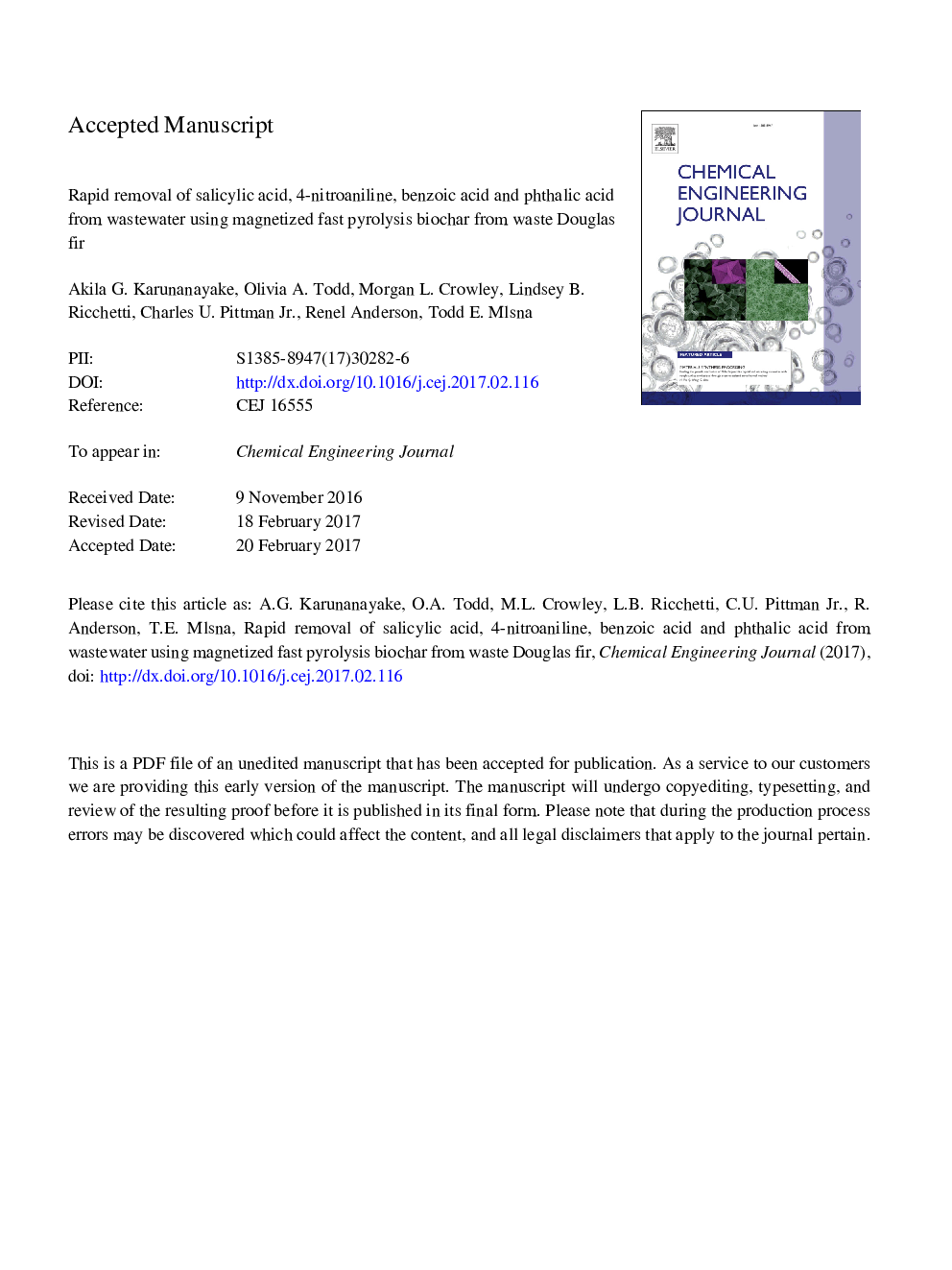 Rapid removal of salicylic acid, 4-nitroaniline, benzoic acid and phthalic acid from wastewater using magnetized fast pyrolysis biochar from waste Douglas fir