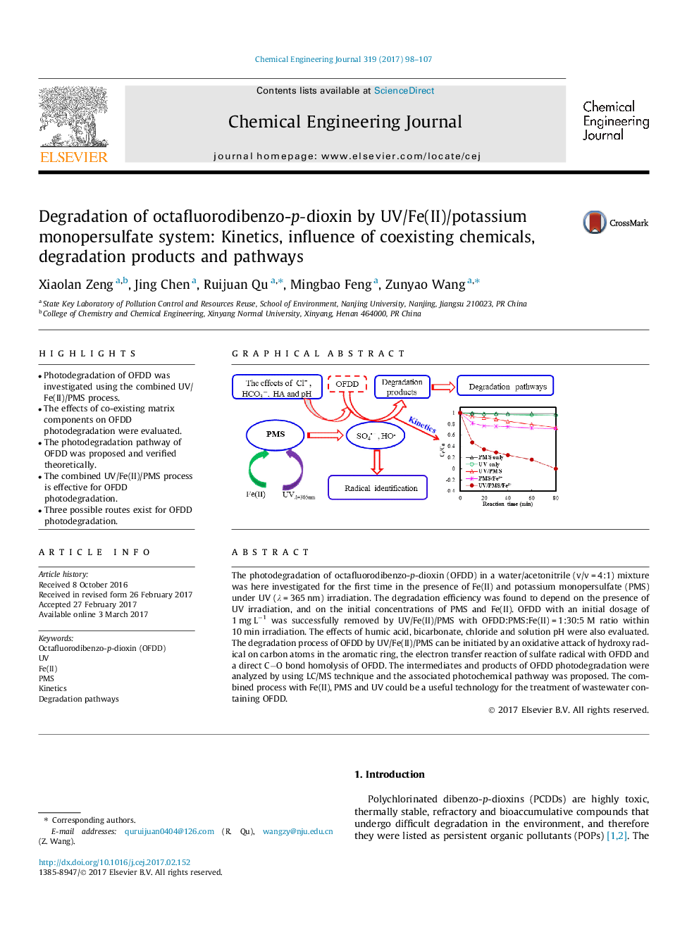 Degradation of octafluorodibenzo-p-dioxin by UV/Fe(II)/potassium monopersulfate system: Kinetics, influence of coexisting chemicals, degradation products and pathways