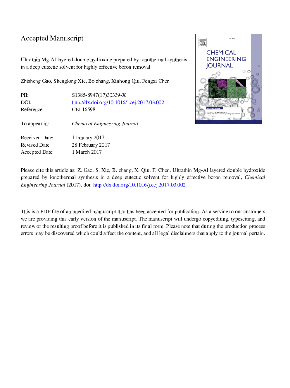 Ultrathin Mg-Al layered double hydroxide prepared by ionothermal synthesis in a deep eutectic solvent for highly effective boron removal