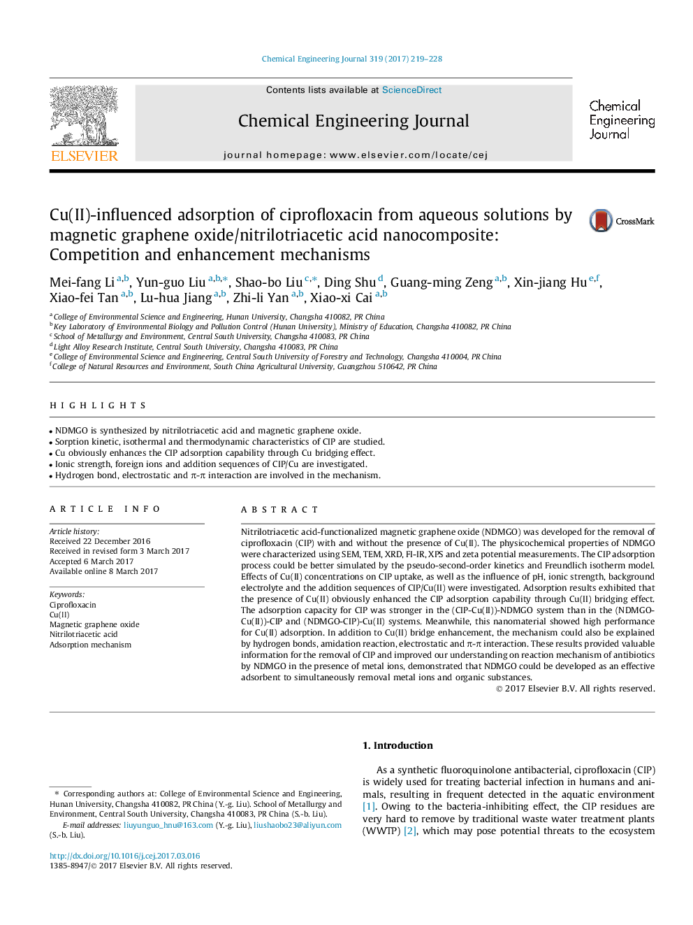 Cu(II)-influenced adsorption of ciprofloxacin from aqueous solutions by magnetic graphene oxide/nitrilotriacetic acid nanocomposite: Competition and enhancement mechanisms