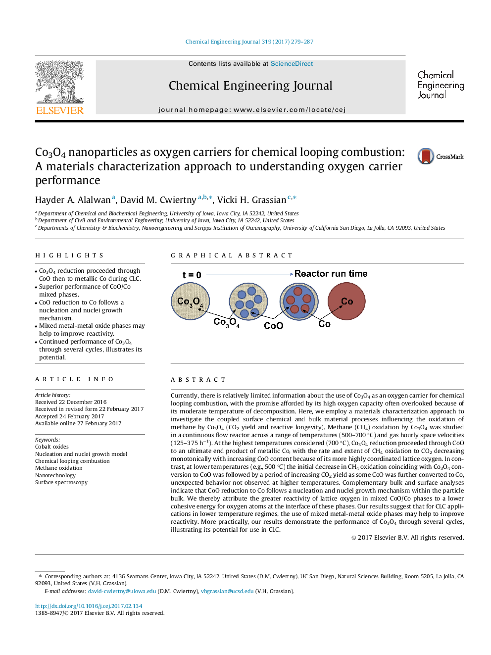 Co3O4 nanoparticles as oxygen carriers for chemical looping combustion: A materials characterization approach to understanding oxygen carrier performance