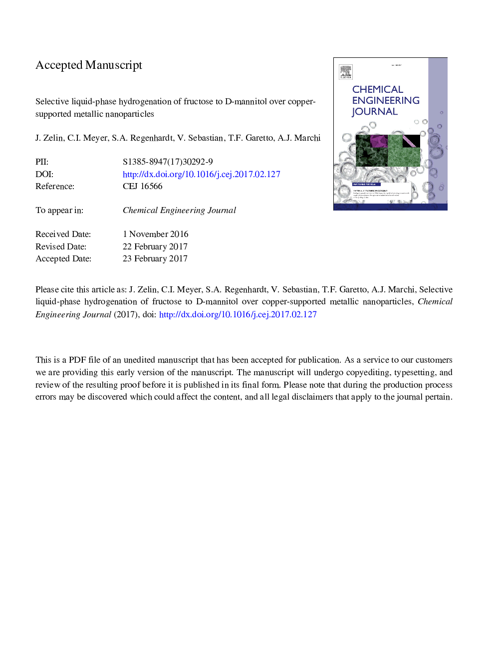 Selective liquid-phase hydrogenation of fructose to d-mannitol over copper-supported metallic nanoparticles