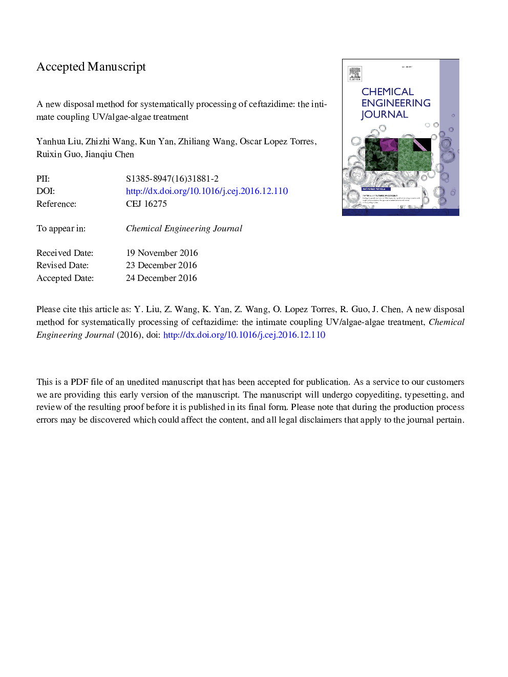 A new disposal method for systematically processing of ceftazidime: The intimate coupling UV/algae-algae treatment