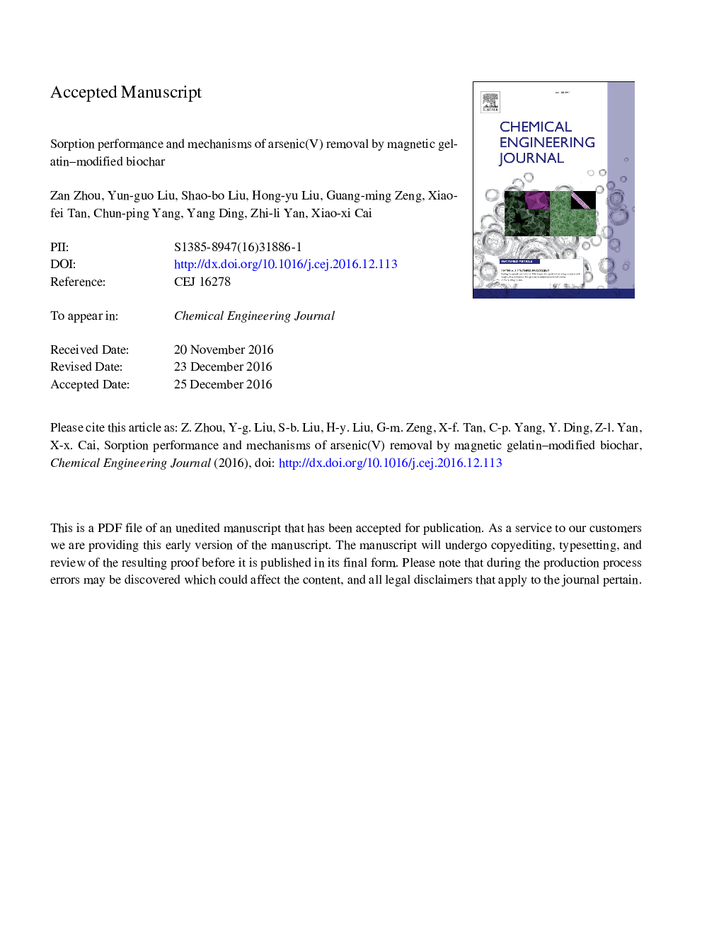 Sorption performance and mechanisms of arsenic(V) removal by magnetic gelatin-modified biochar