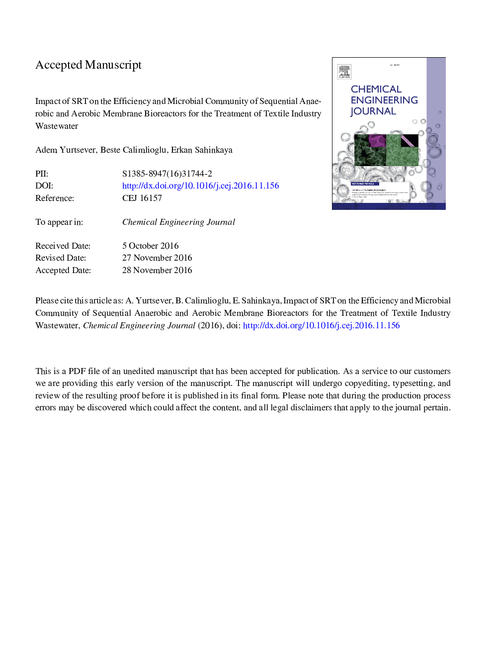 Impact of SRT on the efficiency and microbial community of sequential anaerobic and aerobic membrane bioreactors for the treatment of textile industry wastewater