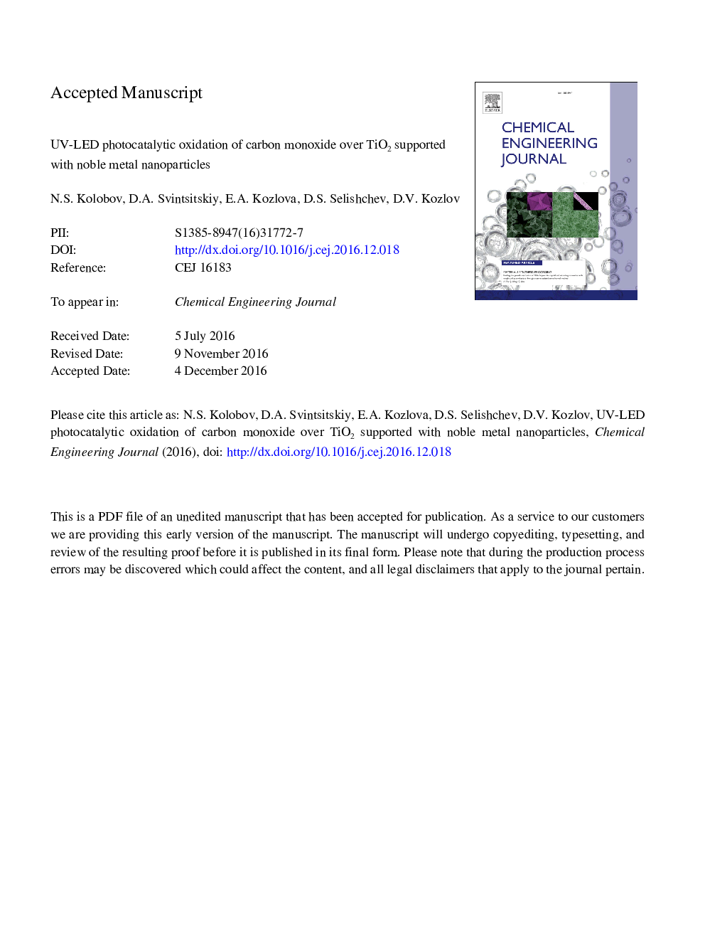 عکس صفحه اول مقاله: UV-LED photocatalytic oxidation of carbon monoxide over TiO2 supported with noble metal nanoparticles UV-LED photocatalytic oxidation of carbon monoxide over TiO2 supported with noble metal nanoparticles
