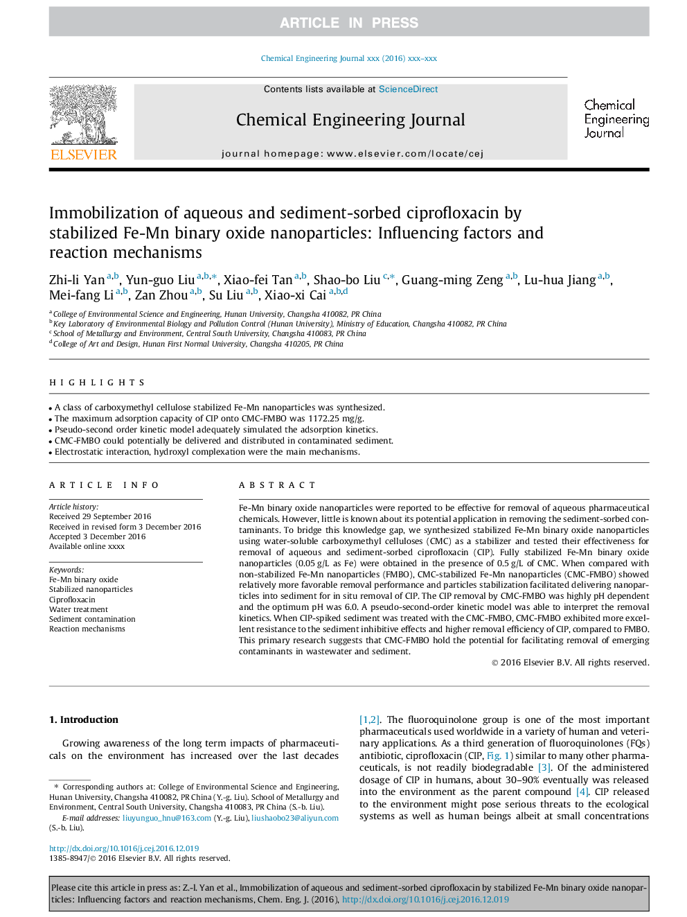 Immobilization of aqueous and sediment-sorbed ciprofloxacin by stabilized Fe-Mn binary oxide nanoparticles: Influencing factors and reaction mechanisms