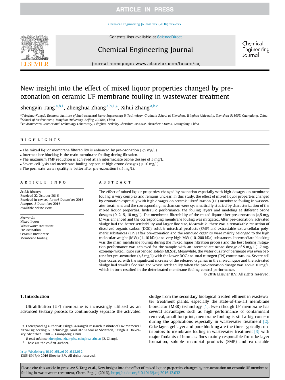 New insight into the effect of mixed liquor properties changed by pre-ozonation on ceramic UF membrane fouling in wastewater treatment