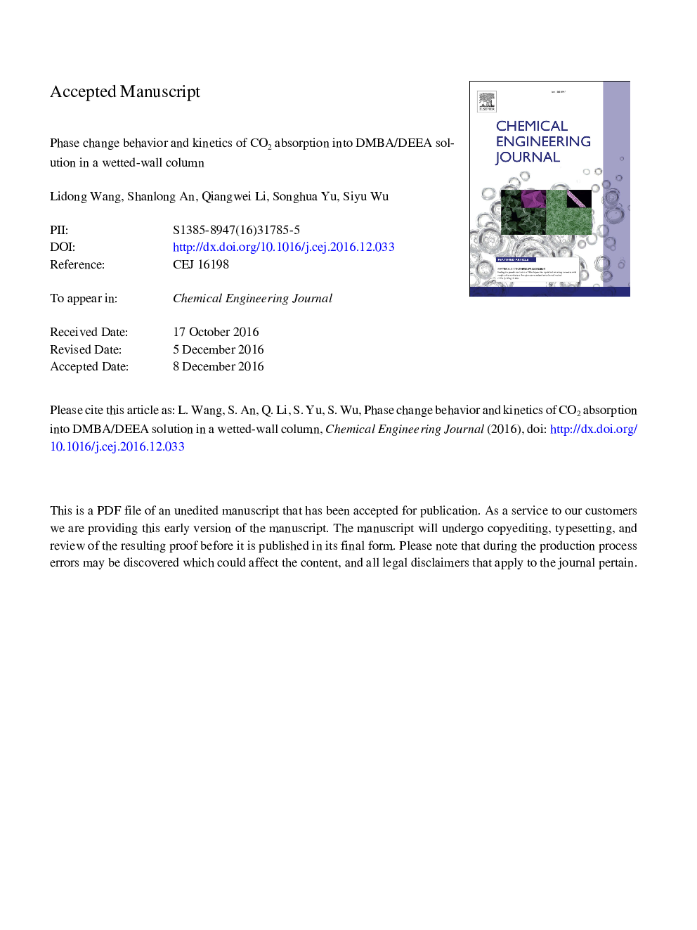 Phase change behavior and kinetics of CO2 absorption into DMBA/DEEA solution in a wetted-wall column