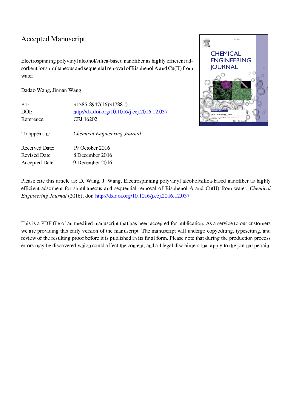 Electrospinning Polyvinyl alcohol/silica-based nanofiber as highly efficient adsorbent for simultaneous and sequential removal of Bisphenol A and Cu(II) from water