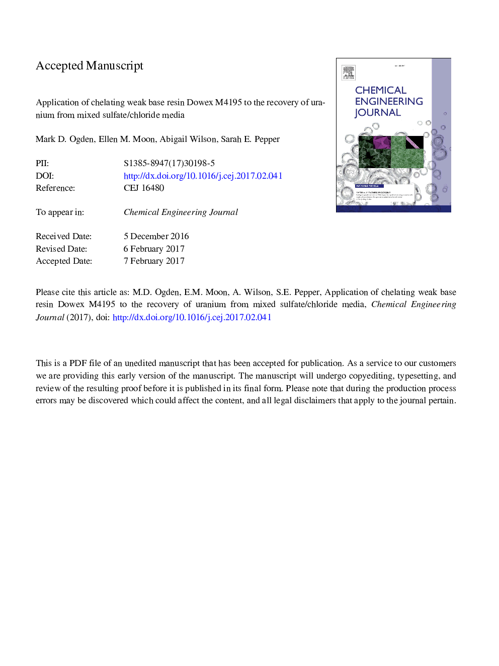 Application of chelating weak base resin Dowex M4195 to the recovery of uranium from mixed sulfate/chloride media