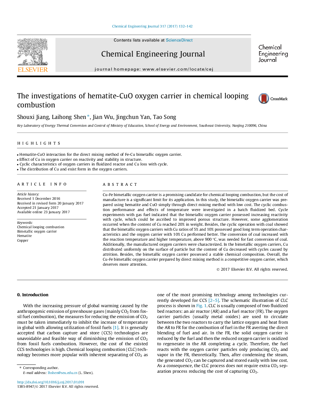 The investigations of hematite-CuO oxygen carrier in chemical looping combustion