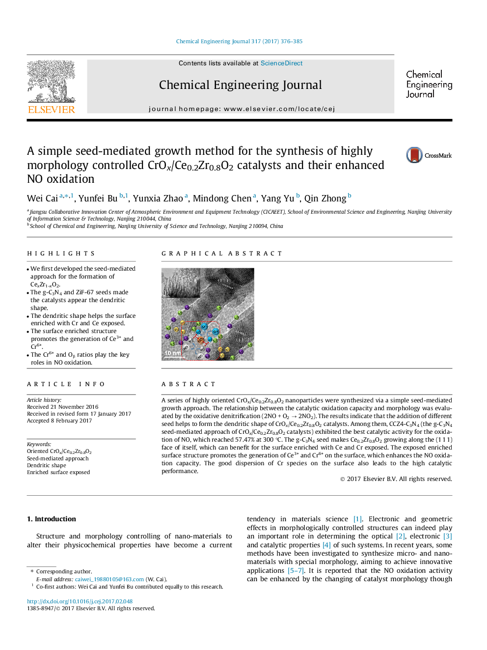 A simple seed-mediated growth method for the synthesis of highly morphology controlled CrOx/Ce0.2Zr0.8O2 catalysts and their enhanced NO oxidation