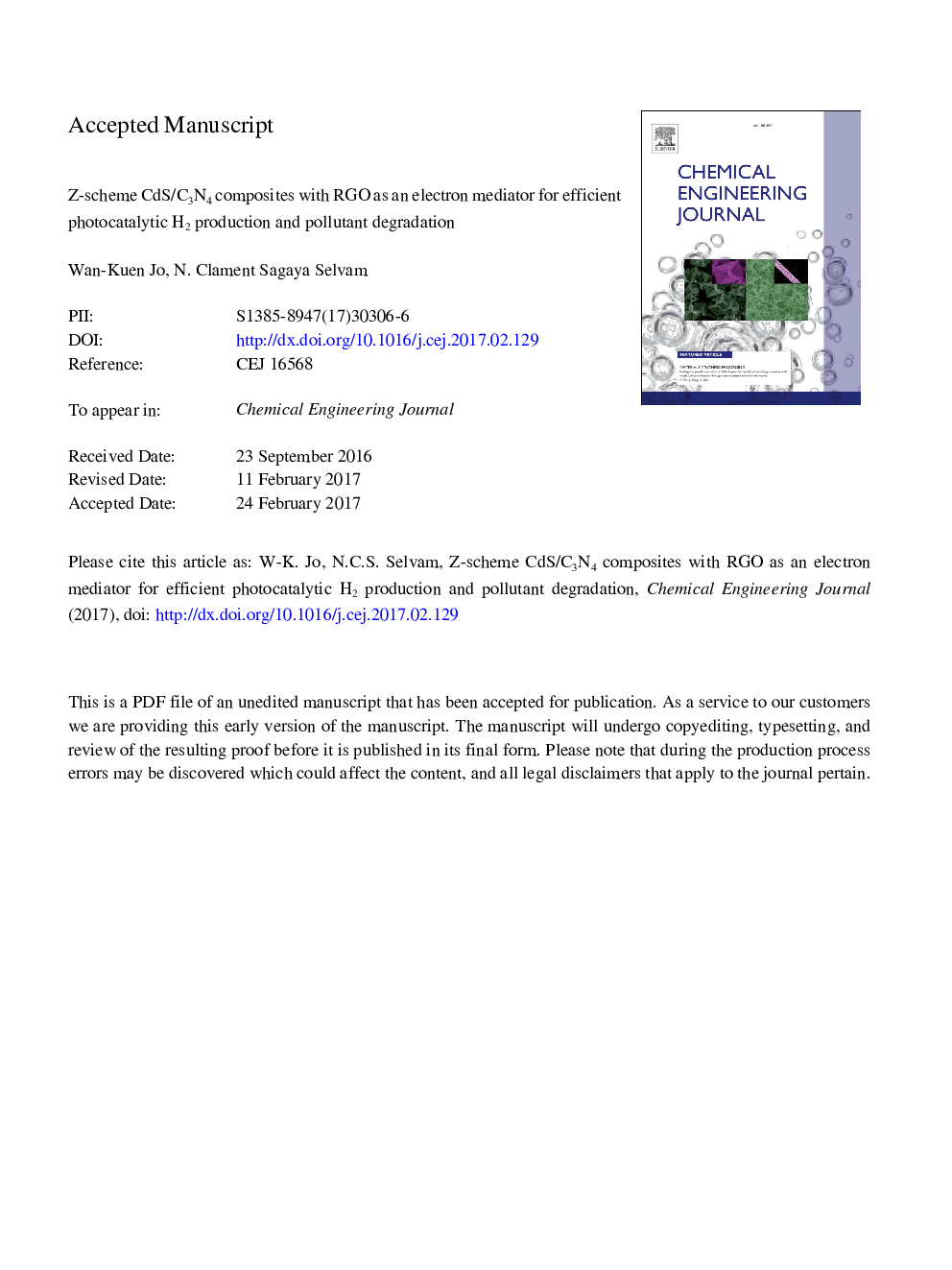 Z-scheme CdS/g-C3N4 composites with RGO as an electron mediator for efficient photocatalytic H2 production and pollutant degradation