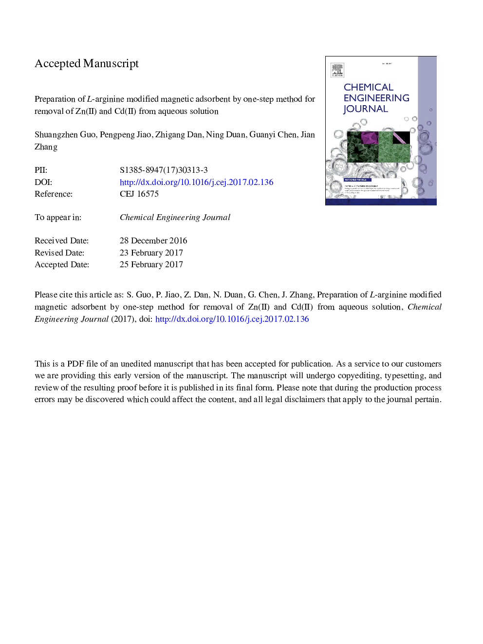 Preparation of L-arginine modified magnetic adsorbent by one-step method for removal of Zn(â¡) and Cd(â¡) from aqueous solution