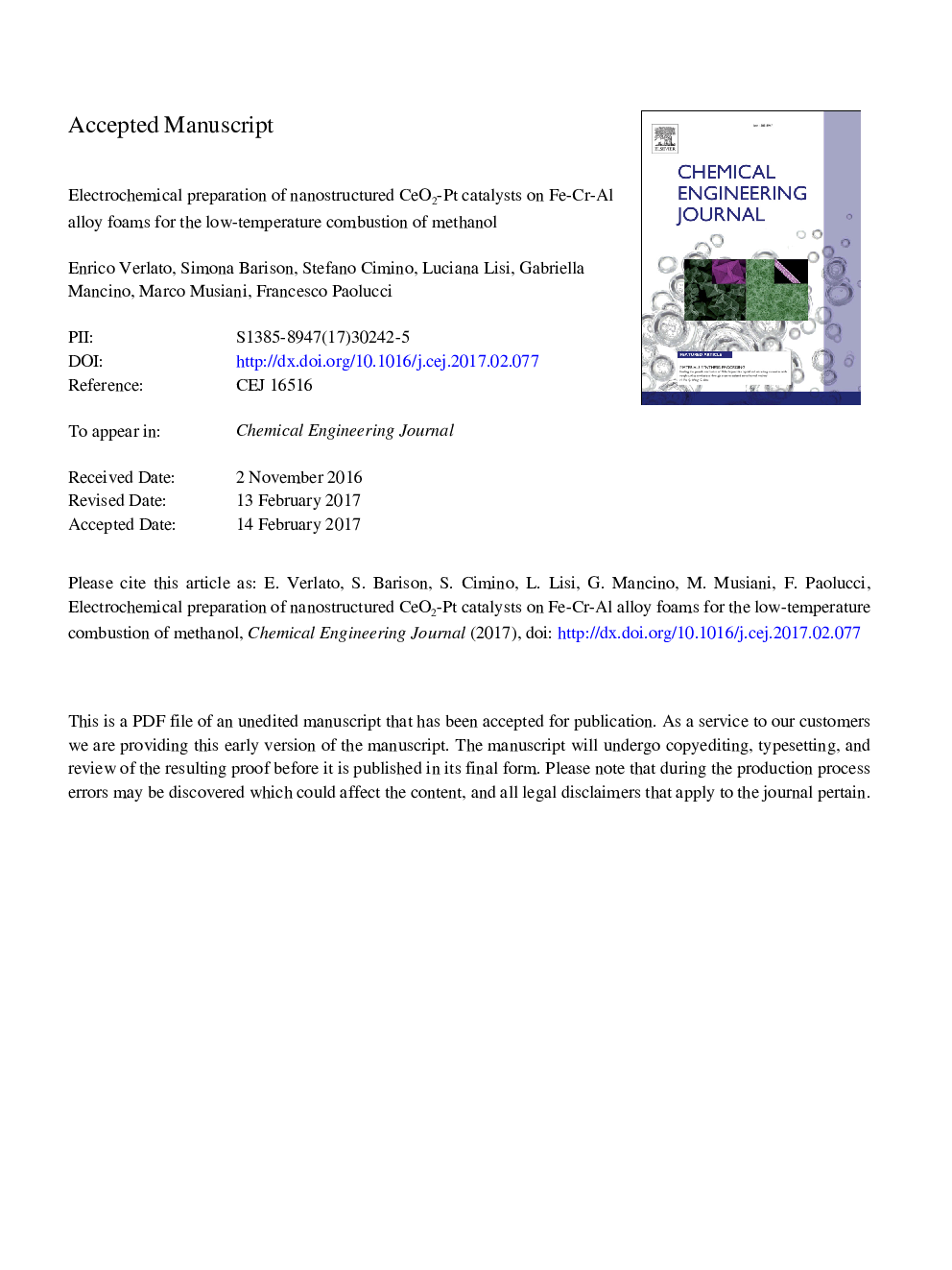 Electrochemical preparation of nanostructured CeO2-Pt catalysts on Fe-Cr-Al alloy foams for the low-temperature combustion of methanol