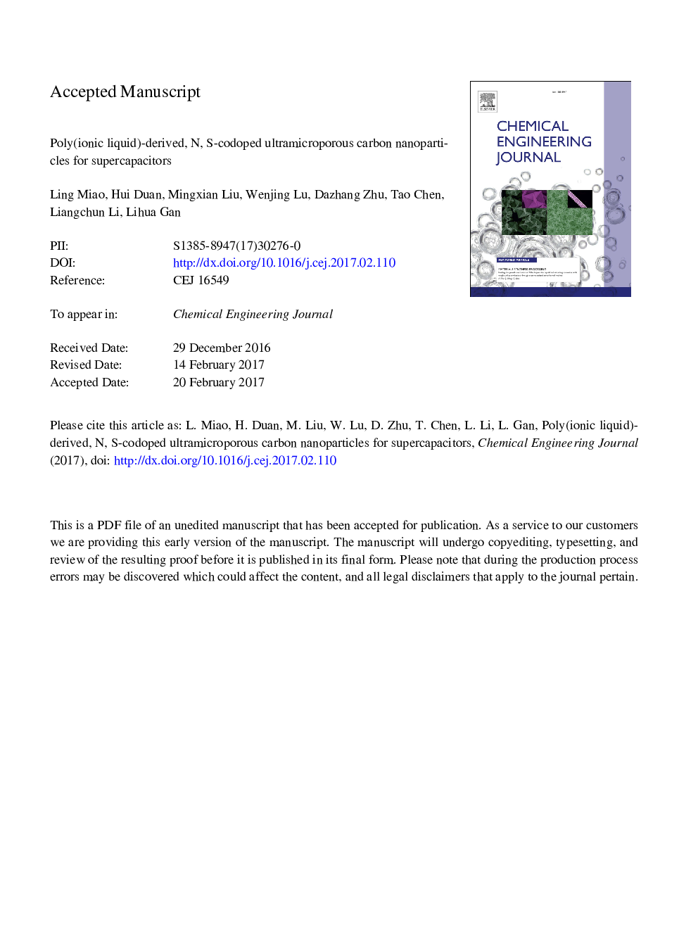 Poly(ionic liquid)-derived, N, S-codoped ultramicroporous carbon nanoparticles for supercapacitors