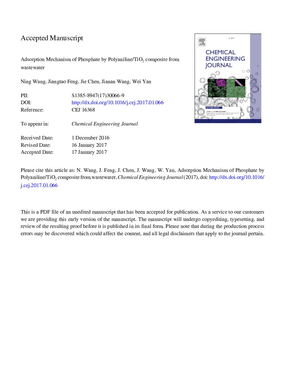عکس صفحه اول مقاله: Adsorption mechanism of phosphate by polyaniline/TiO2 composite from wastewater Adsorption mechanism of phosphate by polyaniline/TiO2 composite from wastewater