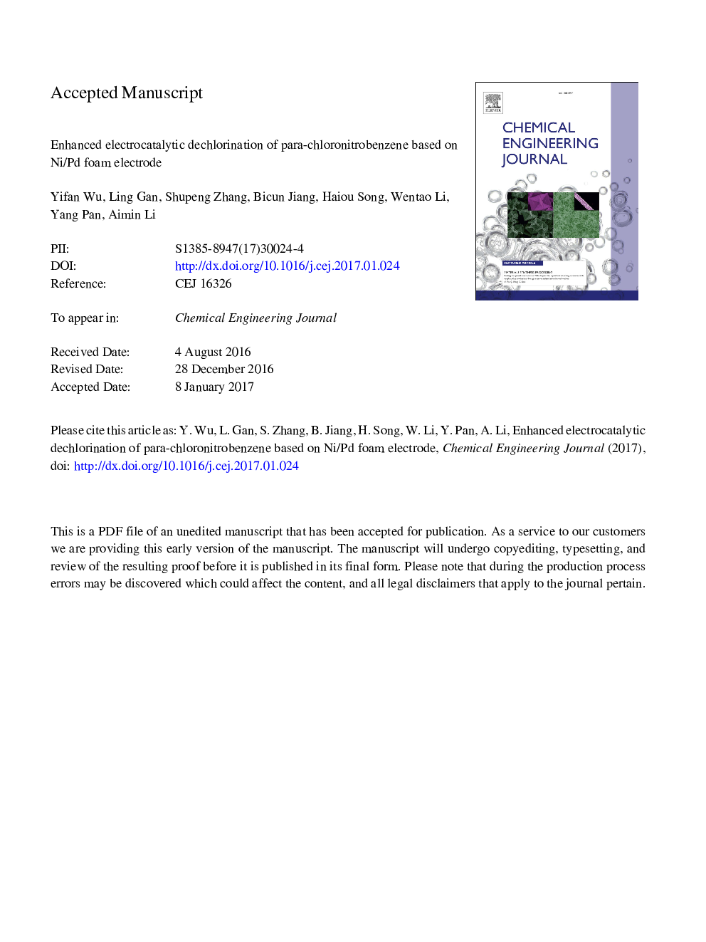 Enhanced electrocatalytic dechlorination of para-chloronitrobenzene based on Ni/Pd foam electrode