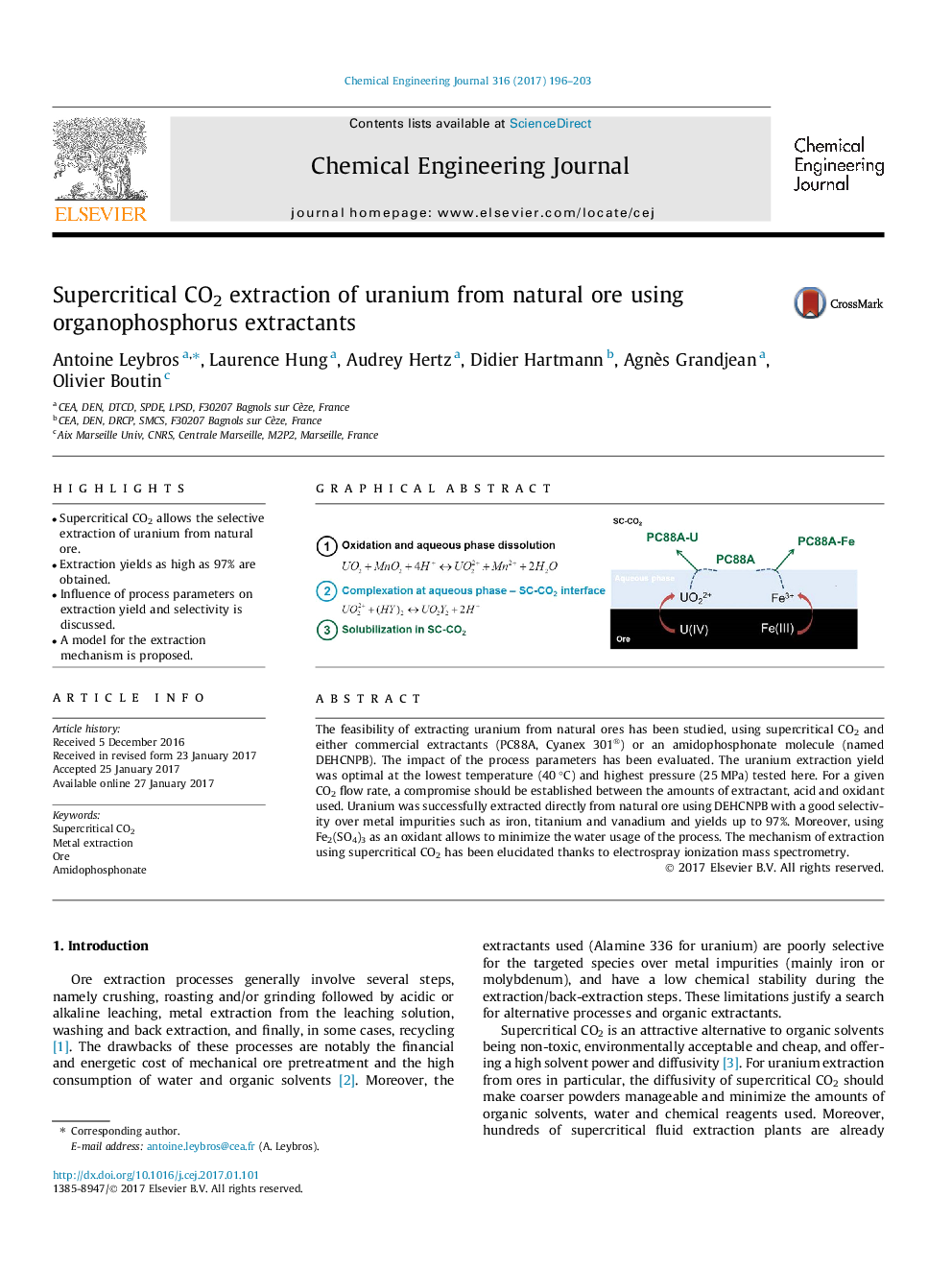 Supercritical CO2 extraction of uranium from natural ore using organophosphorus extractants