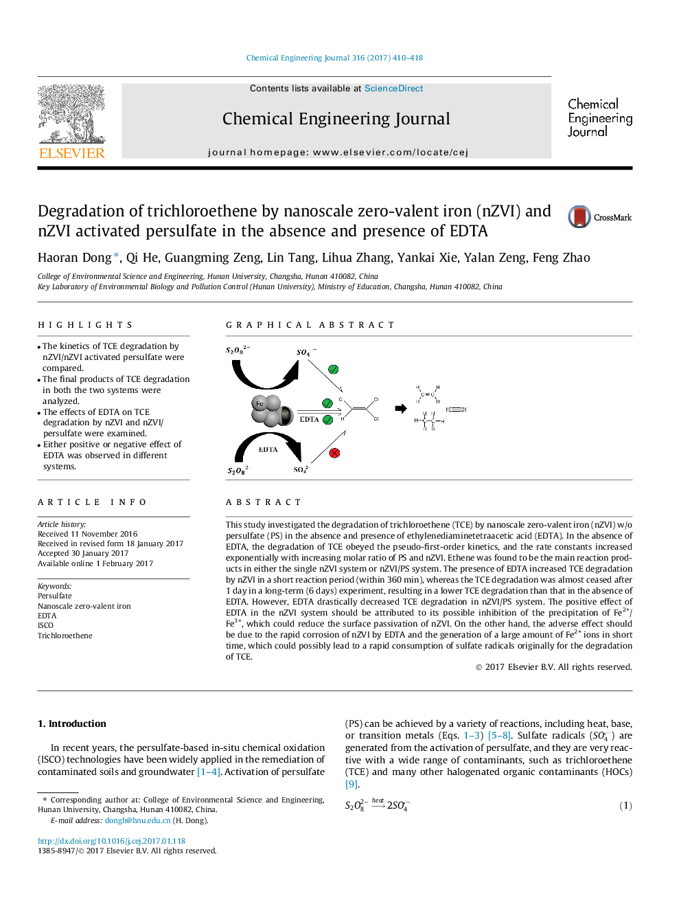 Degradation of trichloroethene by nanoscale zero-valent iron (nZVI) and nZVI activated persulfate in the absence and presence of EDTA