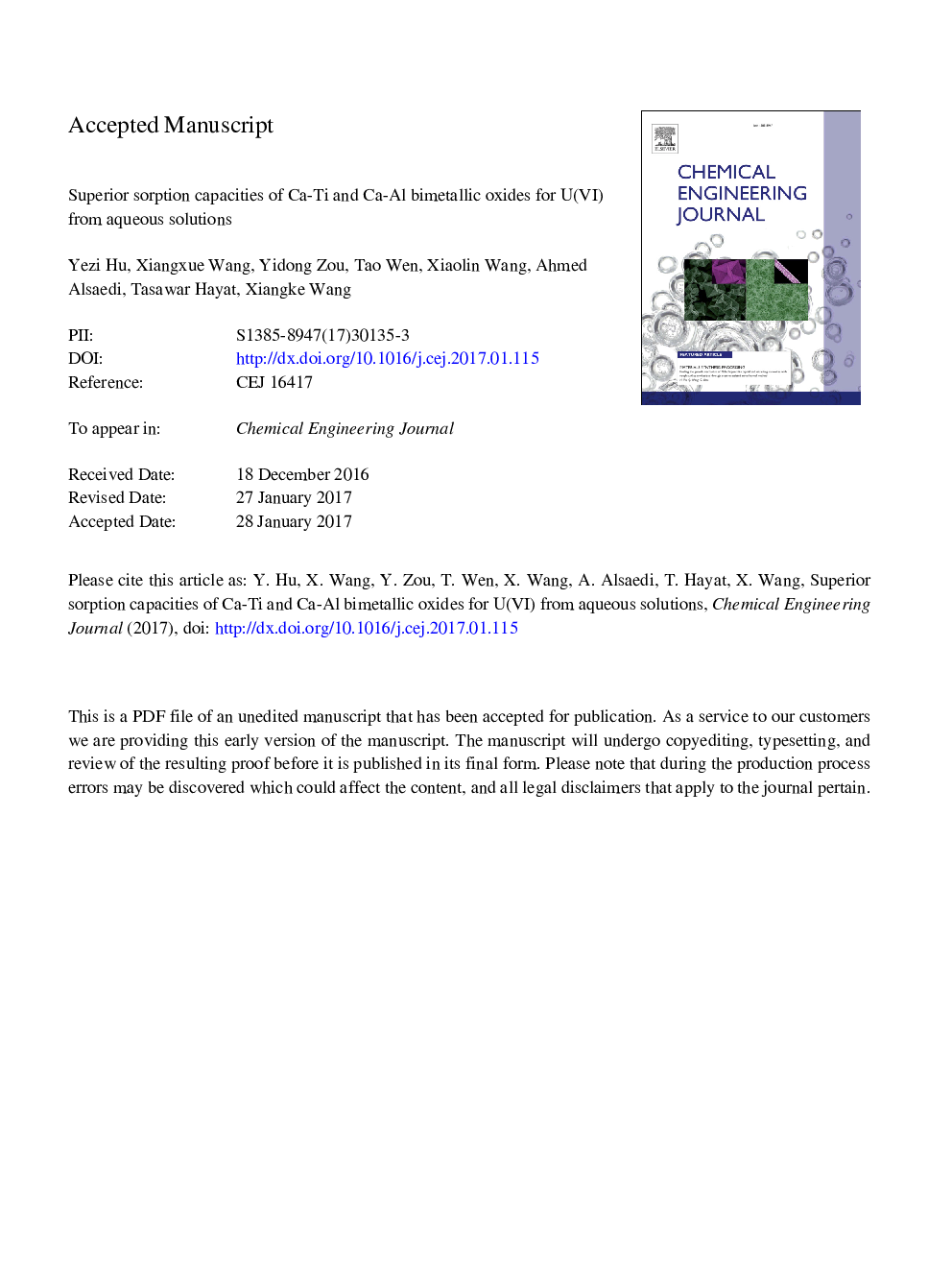 Superior sorption capacities of Ca-Ti and Ca-Al bimetallic oxides for U(VI) from aqueous solutions