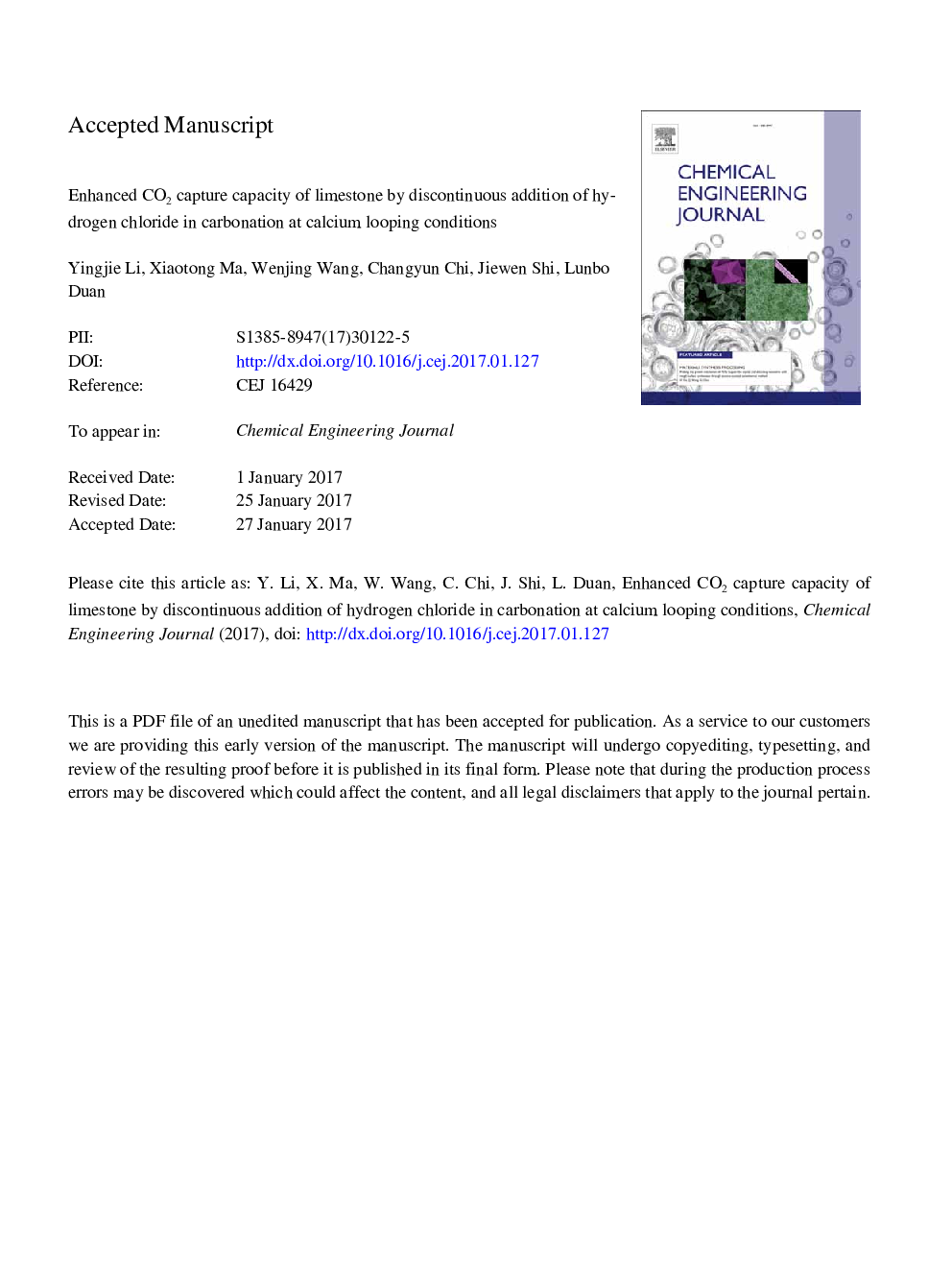 Enhanced CO2 capture capacity of limestone by discontinuous addition of hydrogen chloride in carbonation at calcium looping conditions