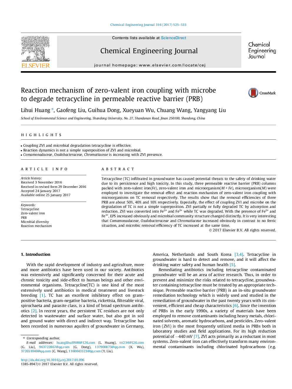 عکس صفحه اول مقاله: Reaction mechanism of zero-valent iron coupling with microbe to degrade tetracycline in permeable reactive barrier (PRB) Reaction mechanism of zero-valent iron coupling with microbe to degrade tetracycline in permeable reactive barrier (PRB)
