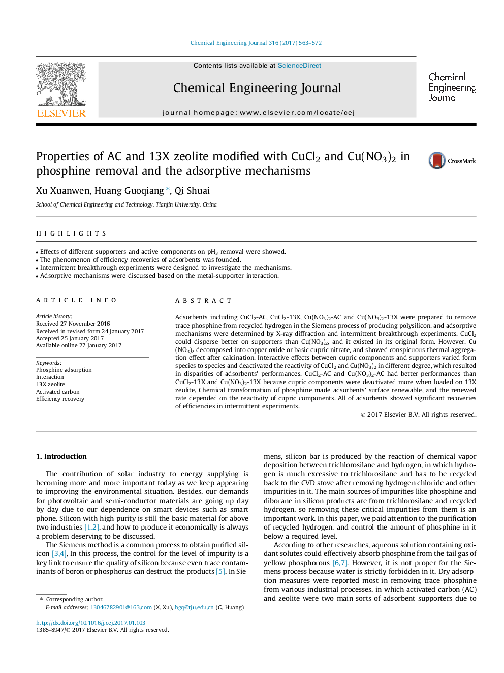 عکس صفحه اول مقاله: Properties of AC and 13X zeolite modified with CuCl2 and Cu(NO3)2 in phosphine removal and the adsorptive mechanisms Properties of AC and 13X zeolite modified with CuCl2 and Cu(NO3)2 in phosphine removal and the adsorptive mechanisms
