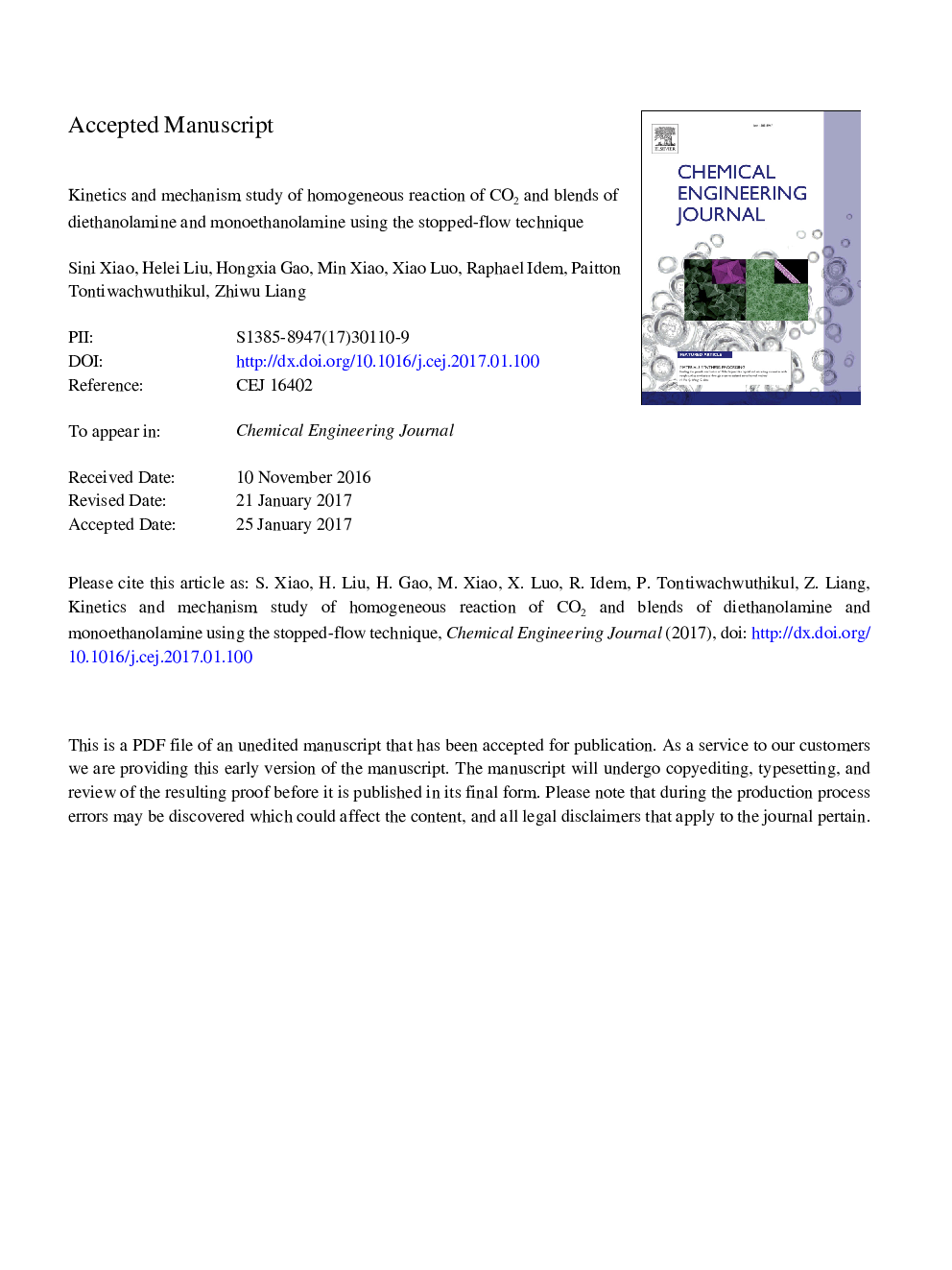 Kinetics and mechanism study of homogeneous reaction of CO2 and blends of diethanolamine and monoethanolamine using the stopped-flow technique