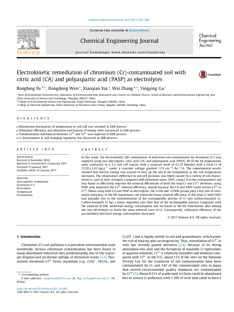 Electrokinetic remediation of chromium (Cr)-contaminated soil with citric acid (CA) and polyaspartic acid (PASP) as electrolytes