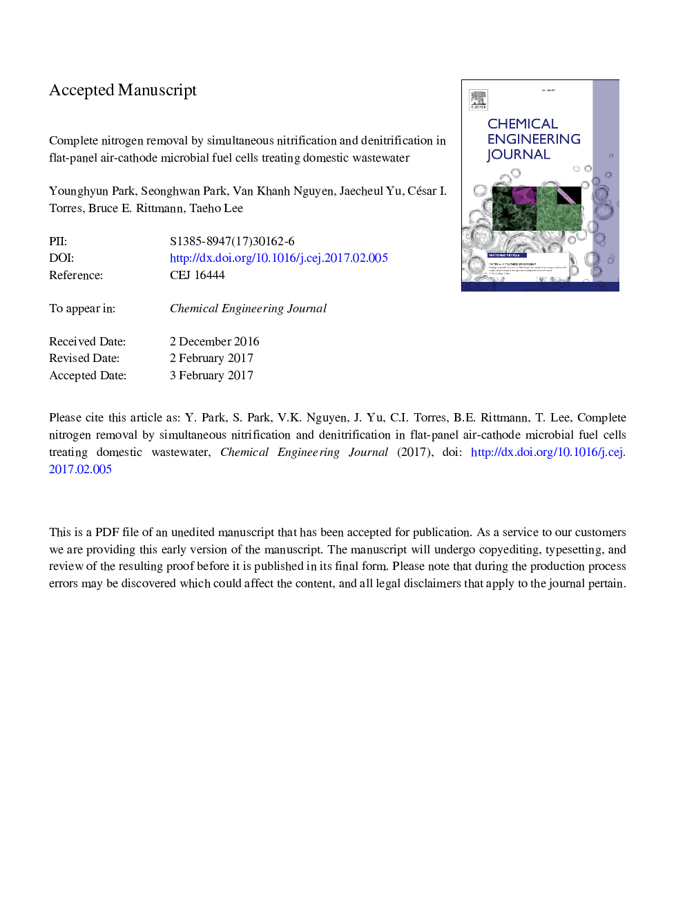 عکس صفحه اول مقاله: Complete nitrogen removal by simultaneous nitrification and denitrification in flat-panel air-cathode microbial fuel cells treating domestic wastewater Complete nitrogen removal by simultaneous nitrification and denitrification in flat-panel air-cathode microbial fuel cells treating domestic wastewater