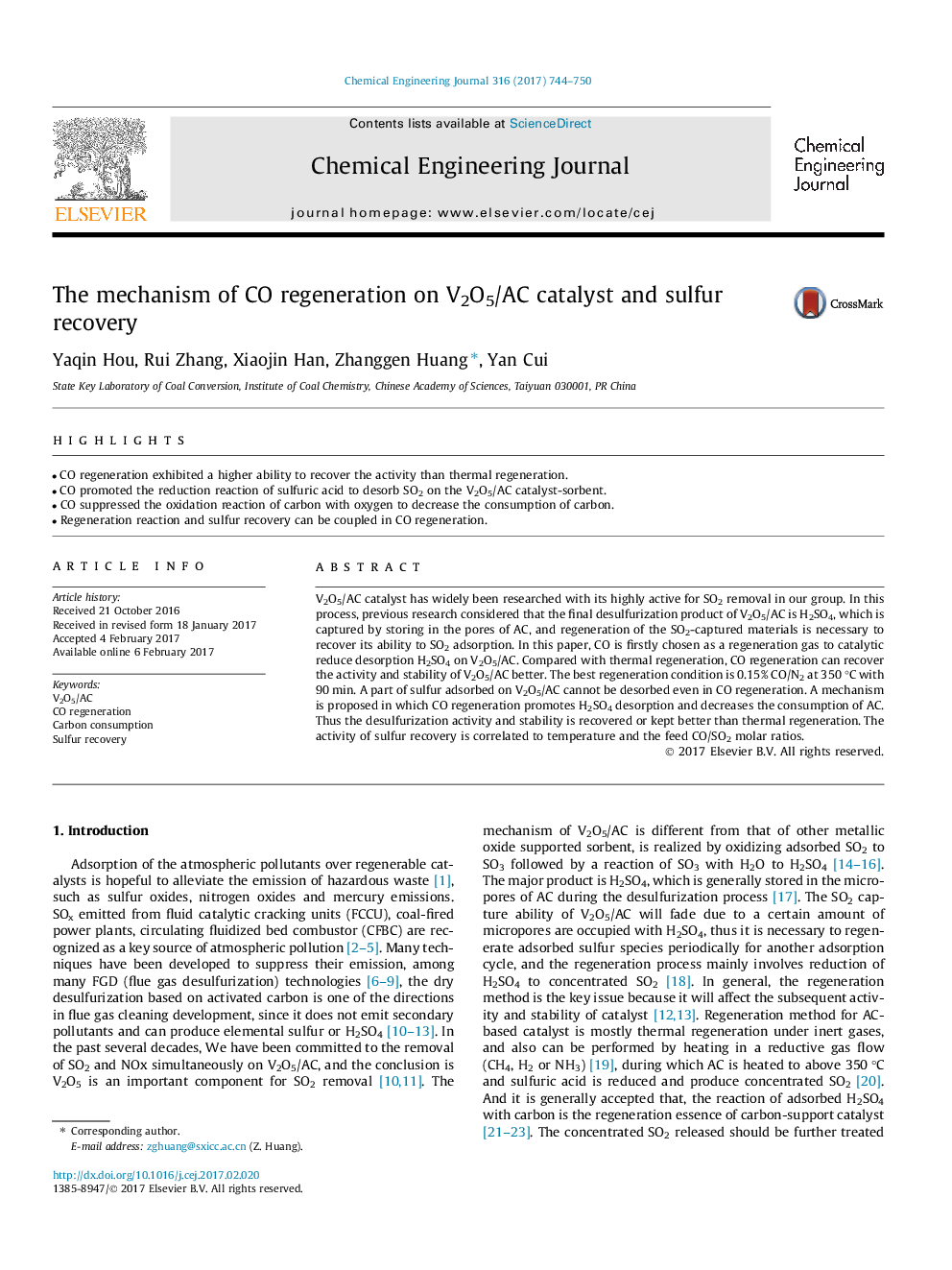 The mechanism of CO regeneration on V2O5/AC catalyst and sulfur recovery