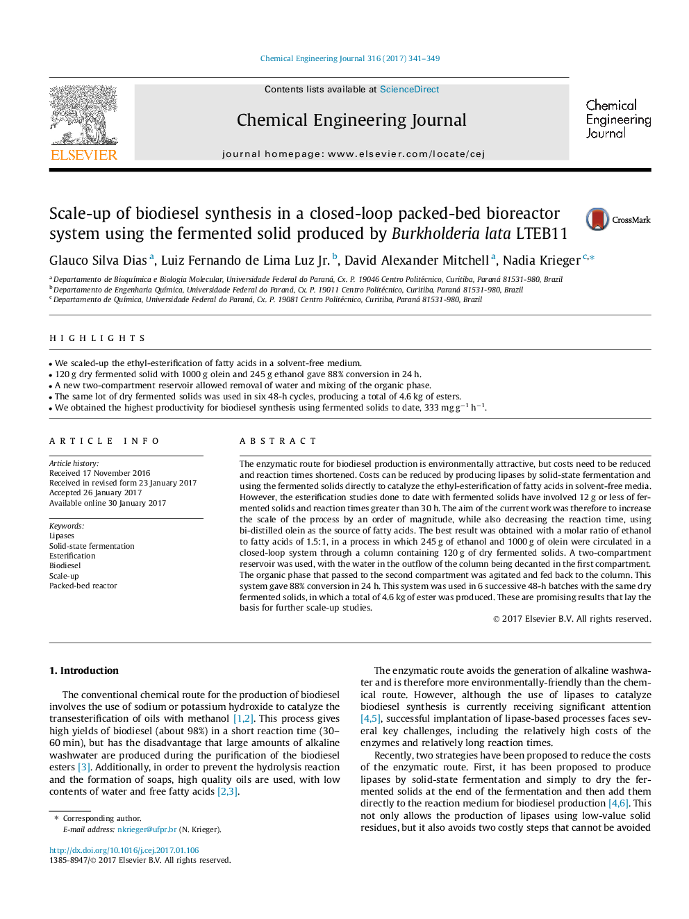 Scale-up of biodiesel synthesis in a closed-loop packed-bed bioreactor system using the fermented solid produced by Burkholderia lata LTEB11