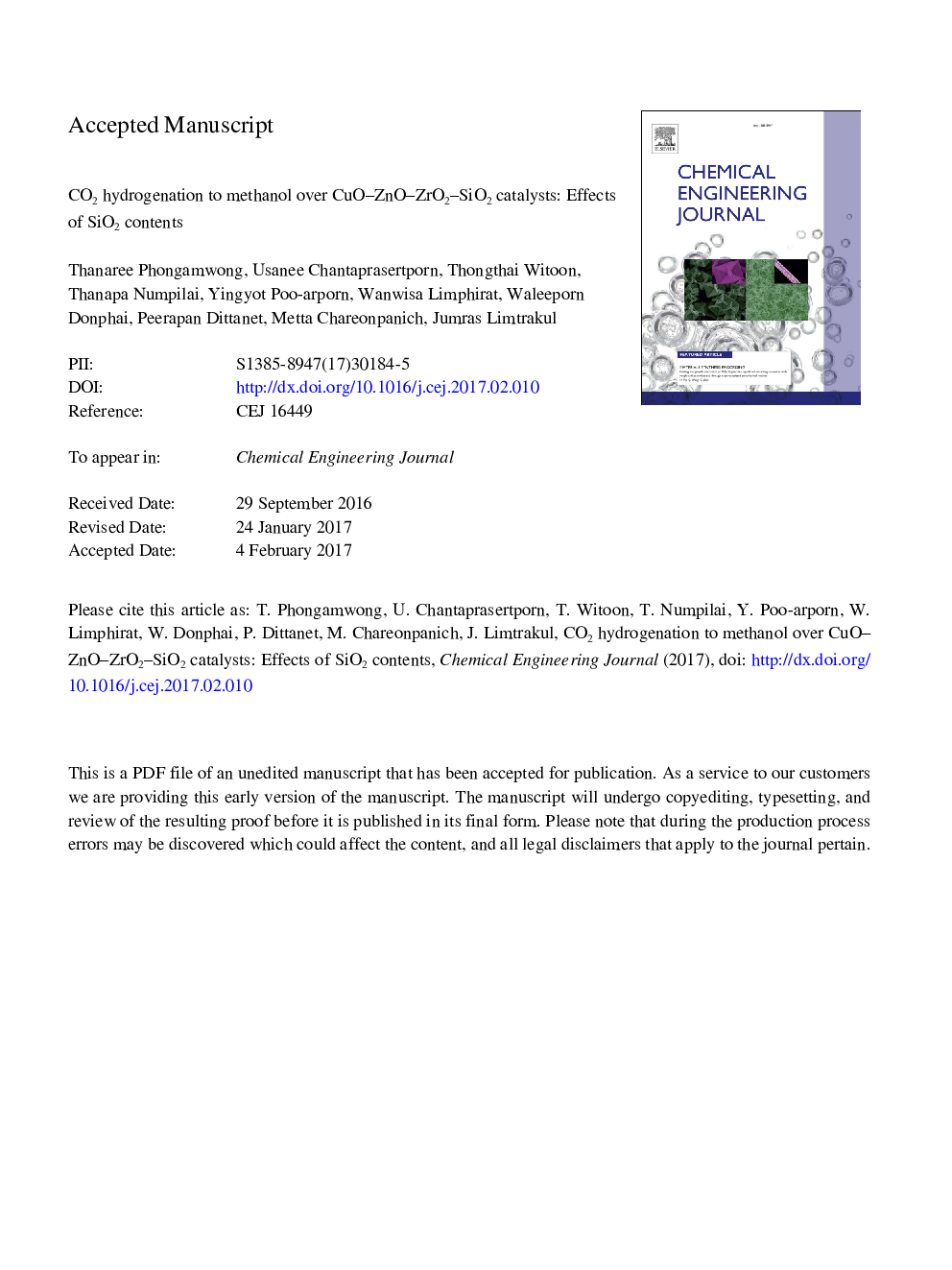 عکس صفحه اول مقاله: CO2 hydrogenation to methanol over CuO-ZnO-ZrO2-SiO2 catalysts: Effects of SiO2 contents CO2 hydrogenation to methanol over CuO-ZnO-ZrO2-SiO2 catalysts: Effects of SiO2 contents
