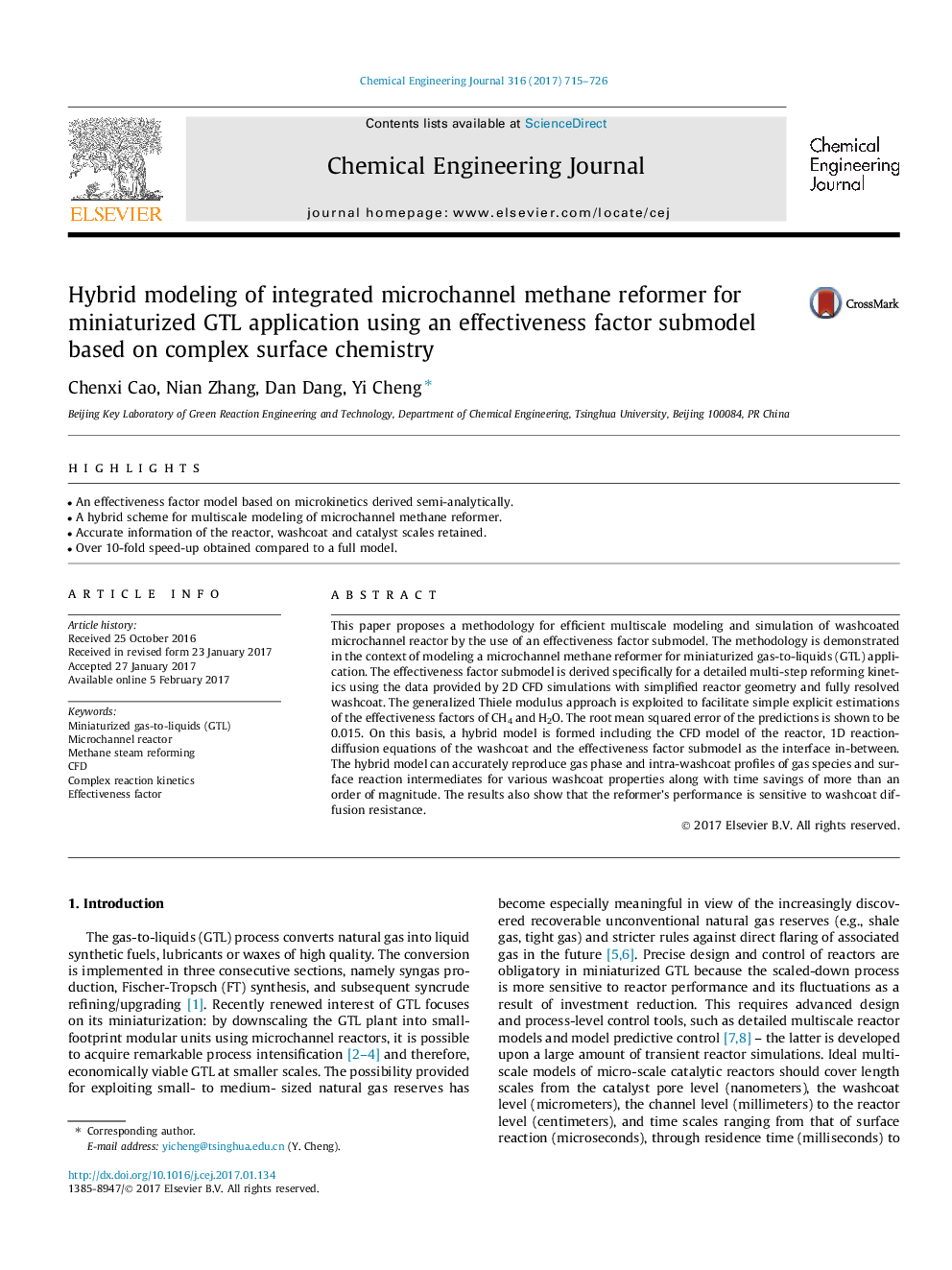 Hybrid modeling of integrated microchannel methane reformer for miniaturized GTL application using an effectiveness factor submodel based on complex surface chemistry