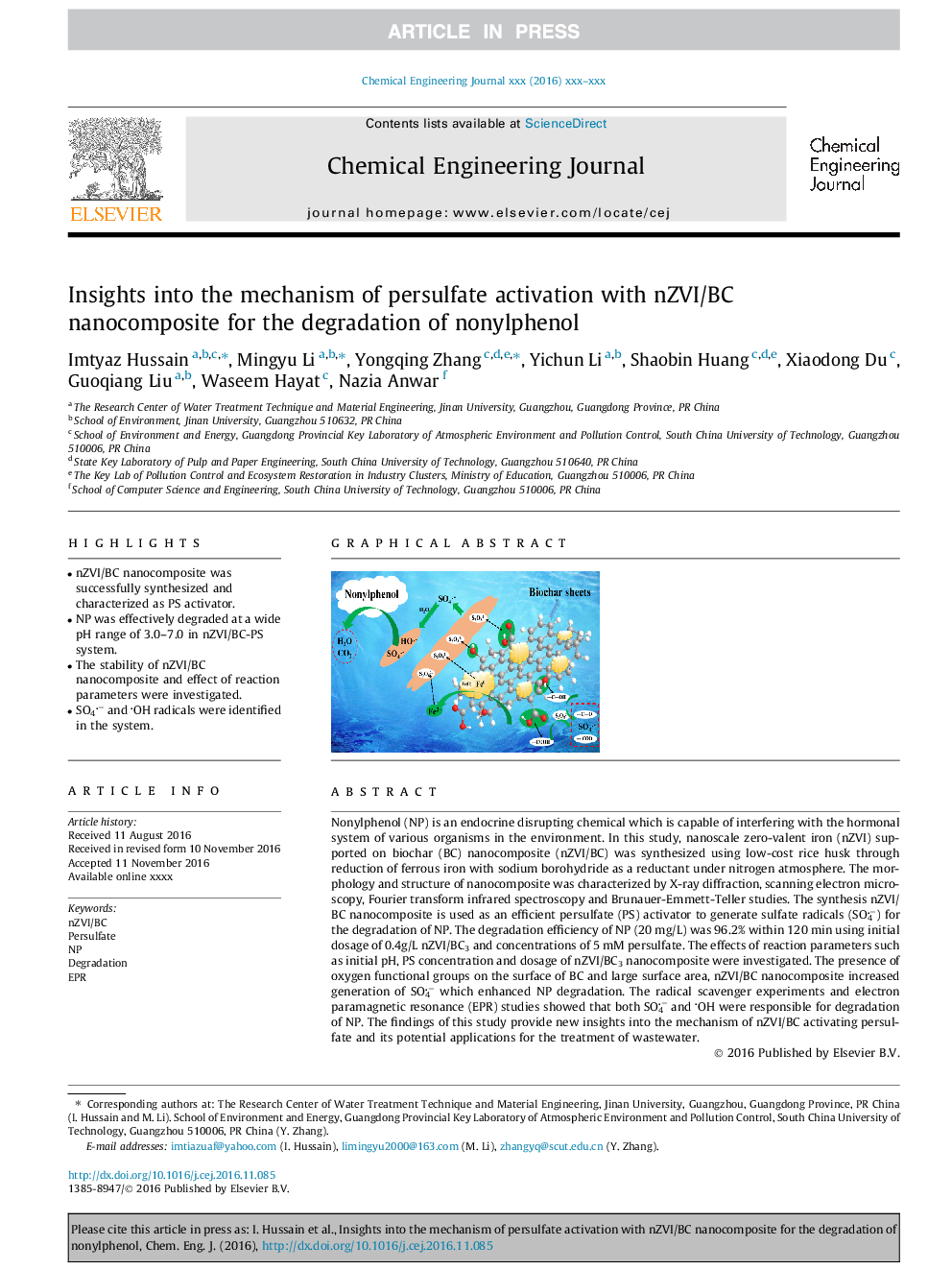 عکس صفحه اول مقاله: Insights into the mechanism of persulfate activation with nZVI/BC nanocomposite for the degradation of nonylphenol Insights into the mechanism of persulfate activation with nZVI/BC nanocomposite for the degradation of nonylphenol