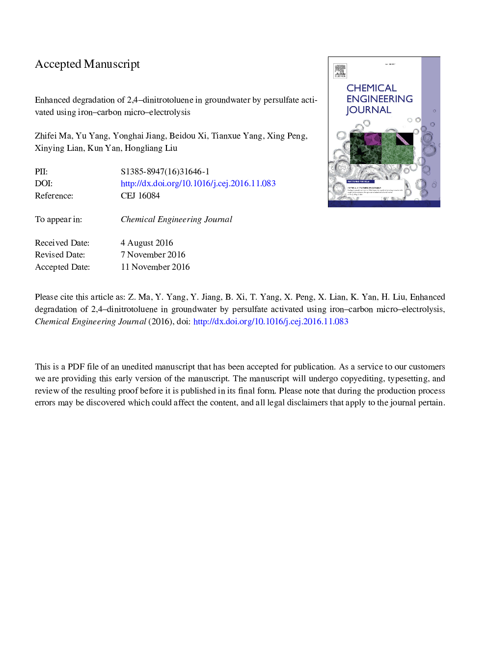 Enhanced degradation of 2,4-dinitrotoluene in groundwater by persulfate activated using iron-carbon micro-electrolysis