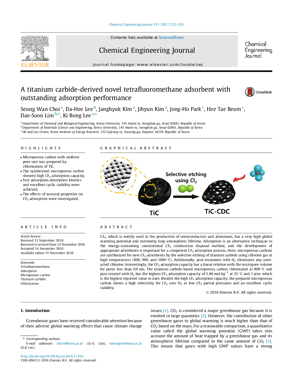 A titanium carbide-derived novel tetrafluoromethane adsorbent with outstanding adsorption performance