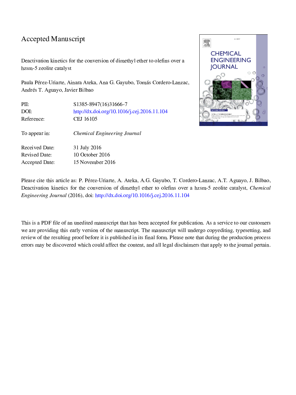 Deactivation kinetics for the conversion of dimethyl ether to olefins over a HZSM-5 zeolite catalyst